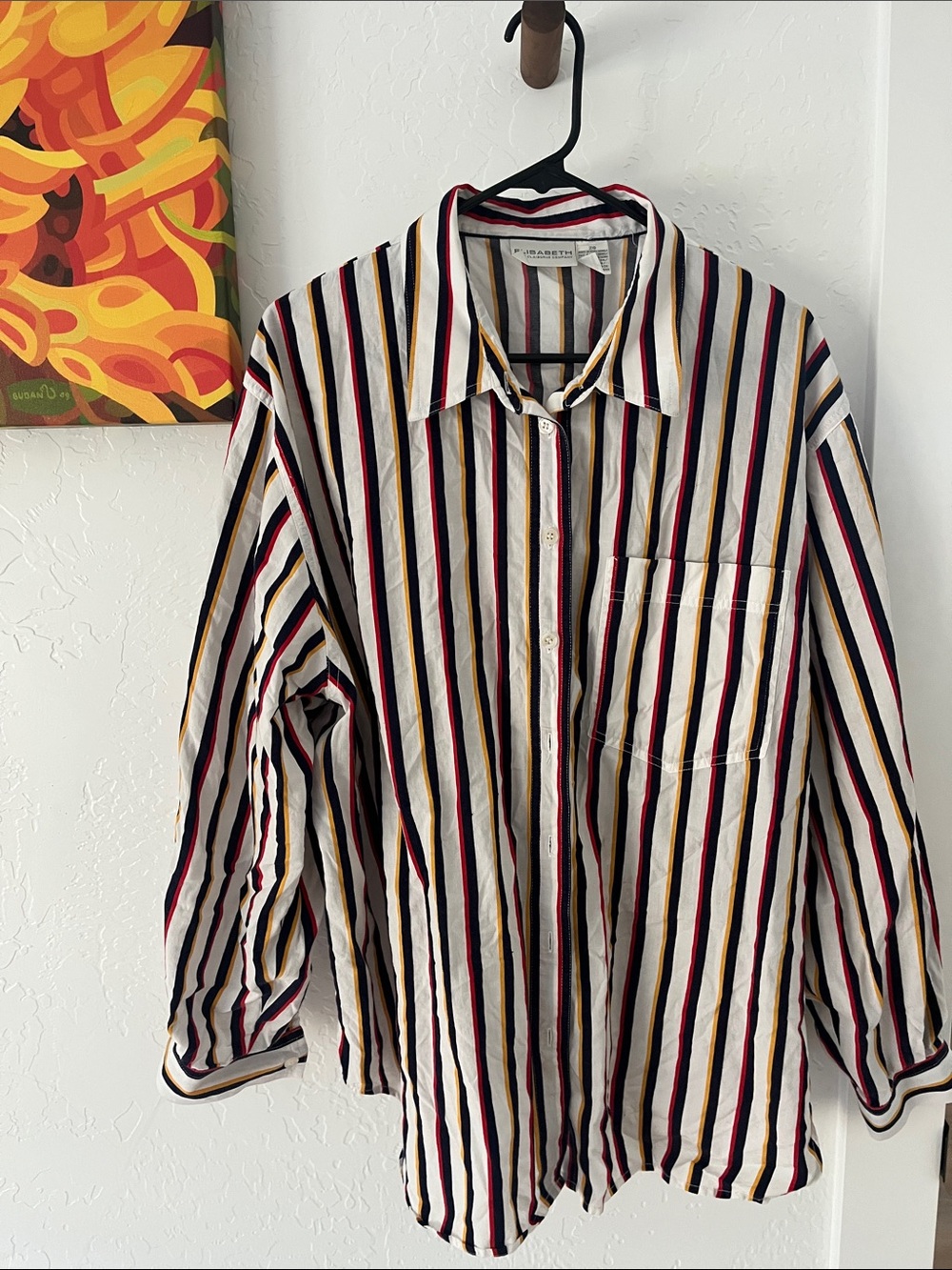 Liz Claiborne Oversized Stripe Button-Down Shirt in White, Navy & Burgundy